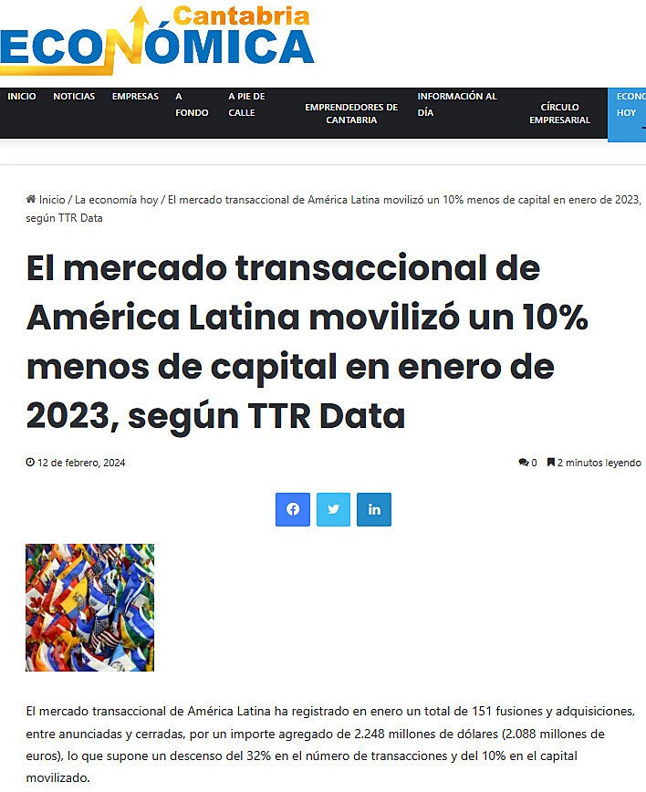 El mercado transaccional de Amrica Latina moviliz un 10% menos de capital en enero de 2023, segn TTR Data